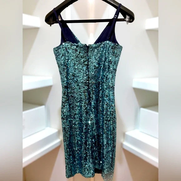 Dress The Population EUC Size XS Sequin Spaghetti Strap Teal Mini Dress (0563) - Picture 2 of 11